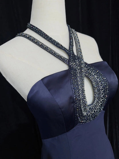 Robes de bal modestes Inspo Sirène Années 90 Col Licou Bleu Marine Avec Perles Pour Femmes Robe Formelle N3281