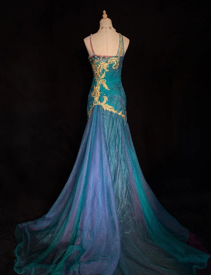 Bescheidene Ballkleider Meerjungfrau Spaghettiträger Blau Tüll Ärmellos Lange Formelle Abendgarderobe N3632