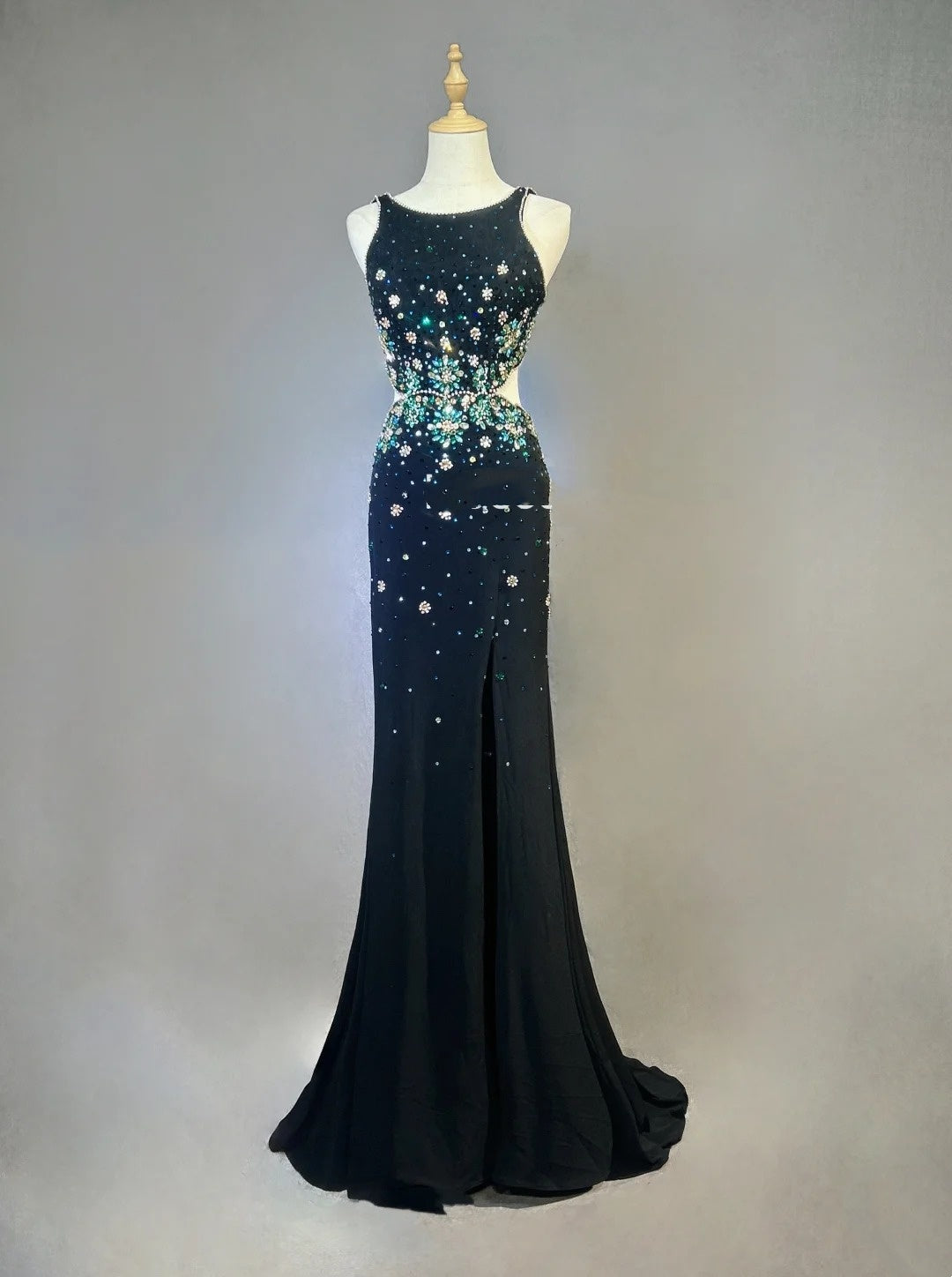 Vintage Prom Dresses Mermaid Scoop Black Split Slit With Beading 1970s Long Formal Gown N2611