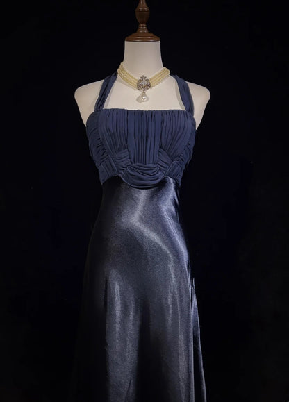 Vintage Abschlussballkleider Meerjungfrau Neckholder Marineblau Chiffon Satin 1990er Festliches Abendkleid N2655