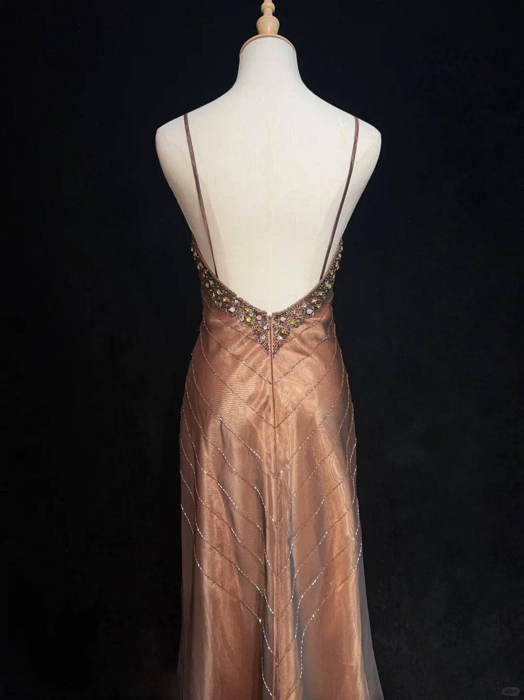 Robes de bal vintage Sirène Bretelles Spaghetti Marron sans manches en Mousseline Années 80 Robe longue de soirée N2860