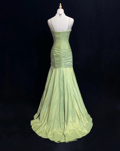 Vintage Abschlussballkleider Meerjungfrau Spaghettiträger Salbeigrün mit Applikationen 80er Jahre Langes Ballkleid N2728