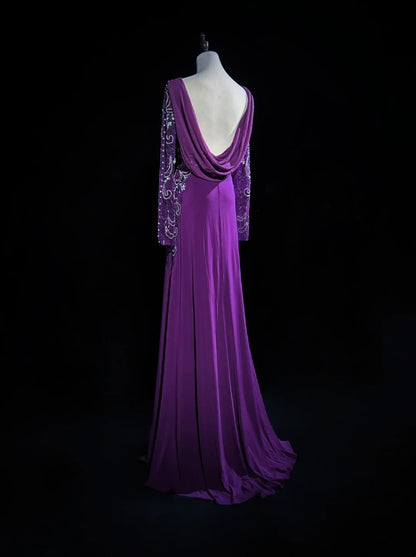 Vintage Abschlussballkleider A-Linie Lila Chiffon 90er Jahre mit Perlen Lang Festliches Partykleid N2514