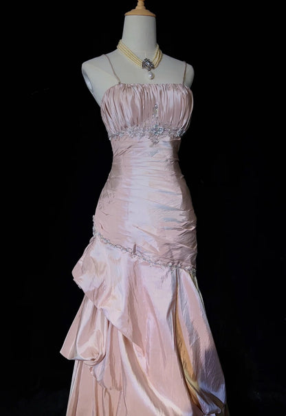 Robes de bal vintage sirène à fines bretelles en taffetas rose clair avec perles argentées années 50 longue robe de soirée N2597