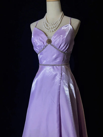 Vintage Prom Dresses 90er Jahre A-Linie Spaghettiträger Flieder Lang Halbförmliche Abendgarderobe N3658