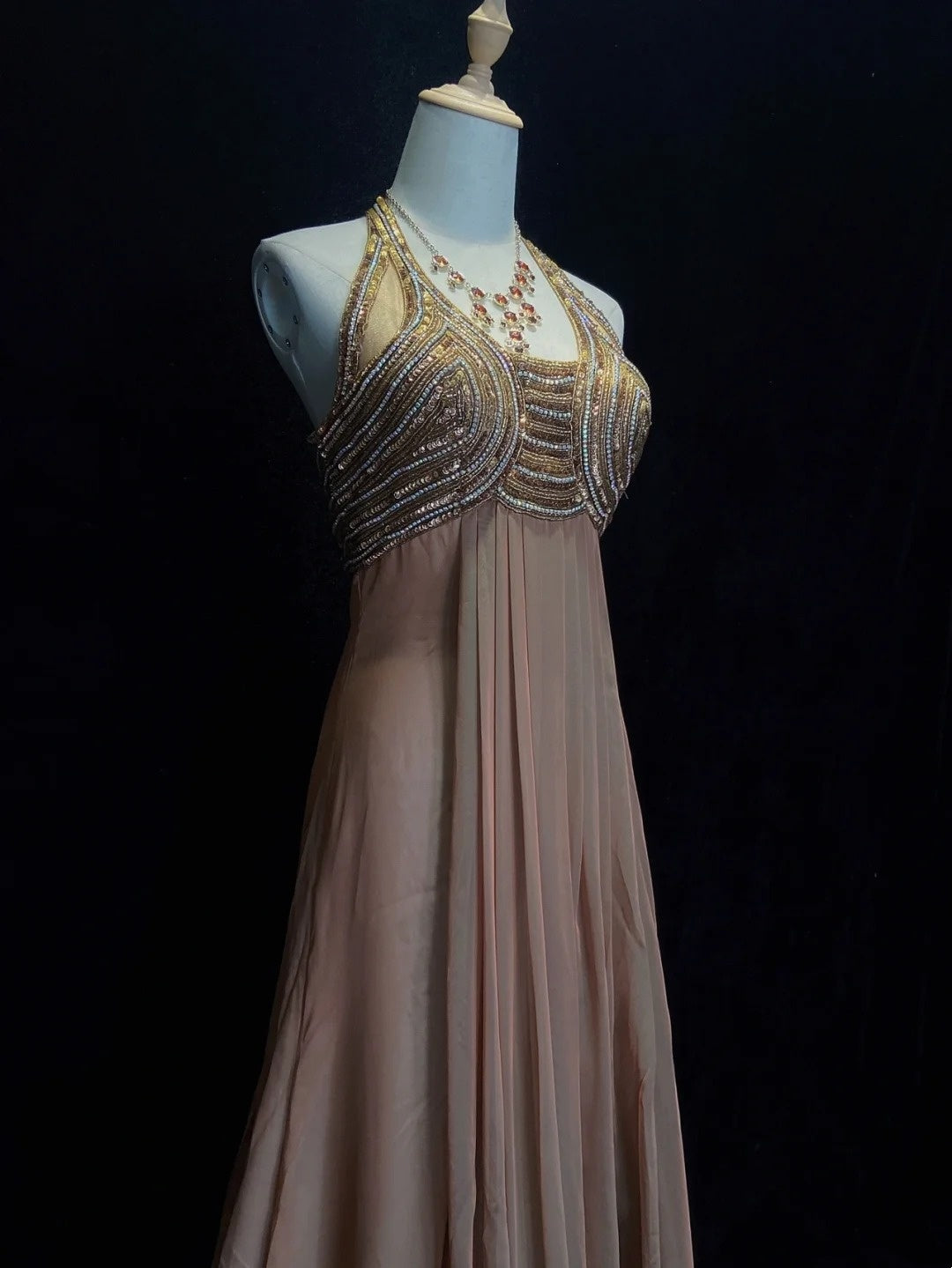 Vintage Prom Dresses 80s A line Halter Brown Chiffon With Beading Semi – RubyFashionDress