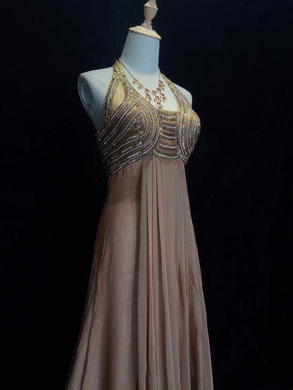Robes de bal vintage des années 80 en mousseline marron coupe trapèze avec perles, tenues de soirée semi-formelles N3633