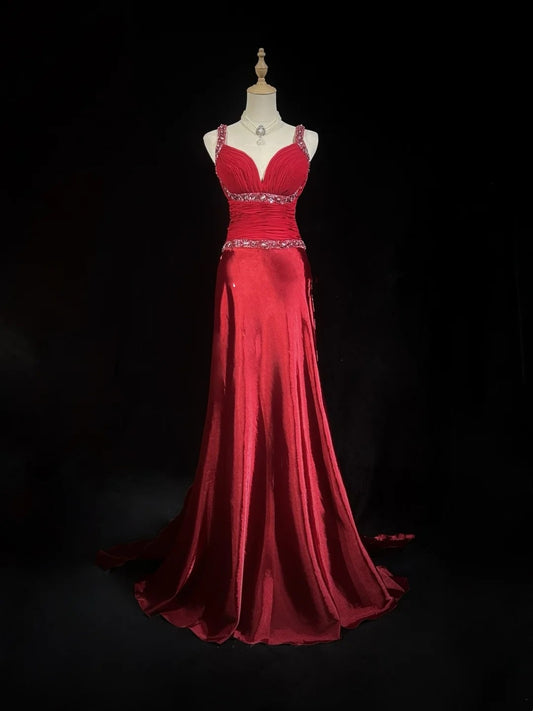 Elegantes Meerjungfrau-Kleid mit Herz-Ausschnitt, Trägern, Rot mit Perlenstickerei, Falten, Ärmellos, Langes Abendkleid, Ballkleid N2449