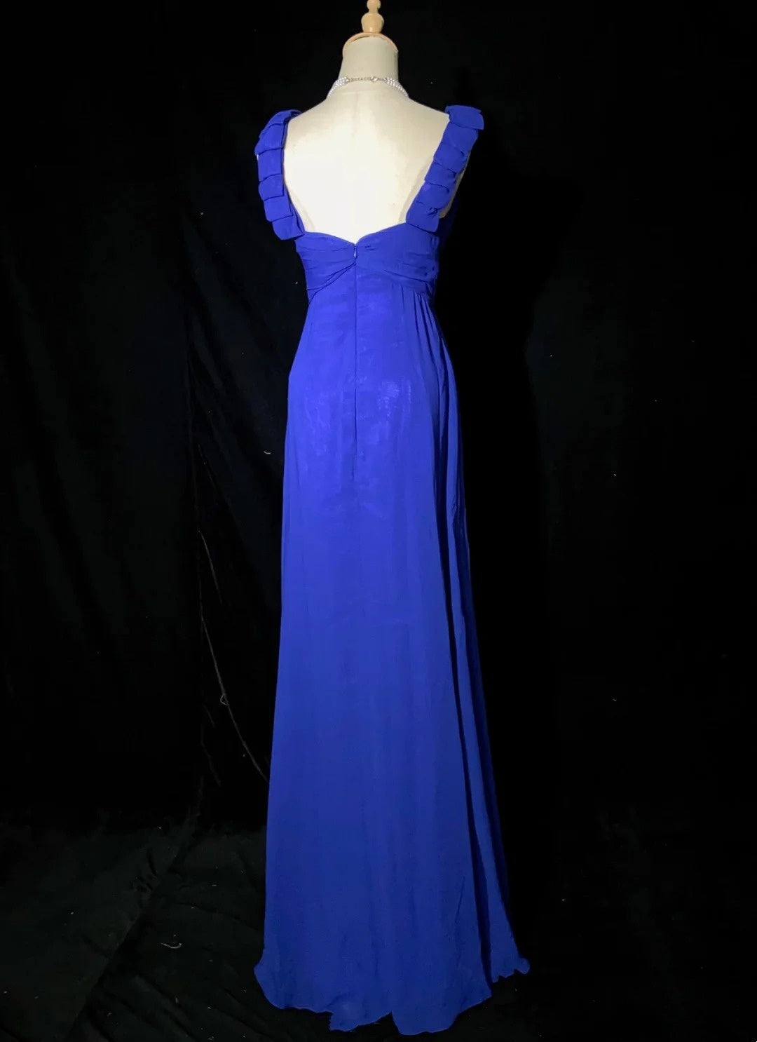 Robes de bal vintage A-Line Col en V Bleu roi Mousseline Longue Années 1990 Avec perles Robes de soirée N3352