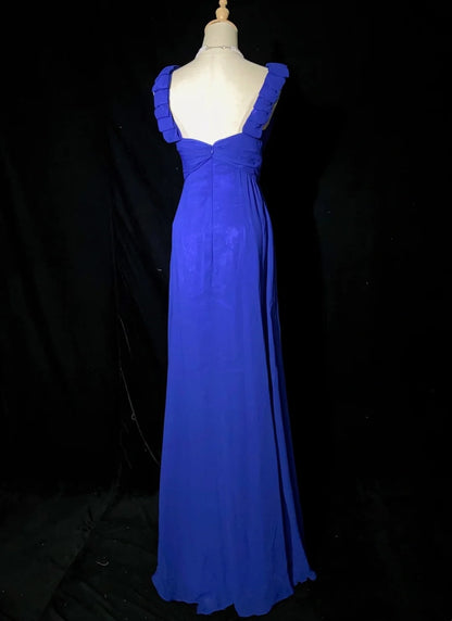 Robes de bal vintage A-Line Col en V Bleu roi Mousseline Longue Années 1990 Avec perles Robes de soirée N3352