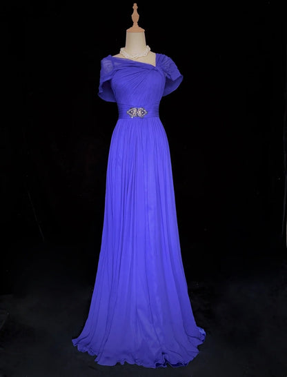 Bescheidene Abschlussballkleider A-Linie Spaghettiträger Royalblau Chiffon Ärmelloses Festliches Abendkleid N3844