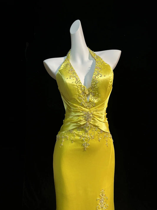 Vintage Prom Dresses Meerjungfrau Neckholder Gelb mit Spitze Perlenstickerei 80er Abendkleid RB3312