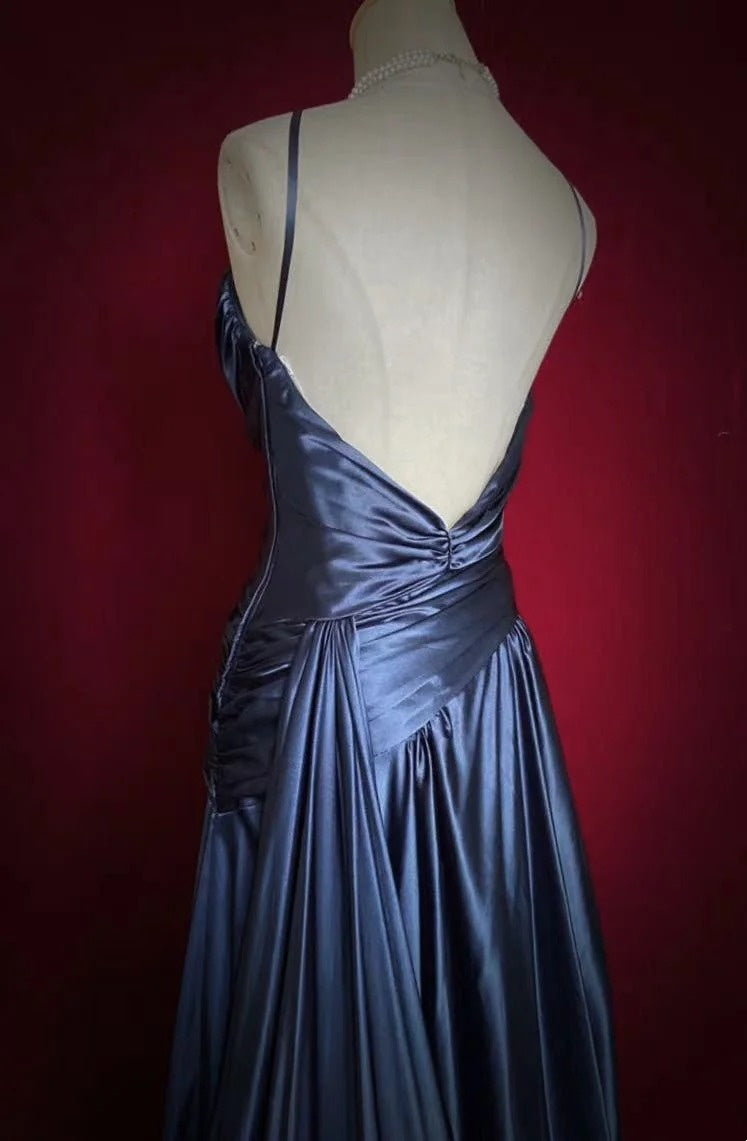 Vintage Prom Dresses A-Linie Spaghetti-Träger Navy Blue Satin 1990er Formelles Abendkleid N2661