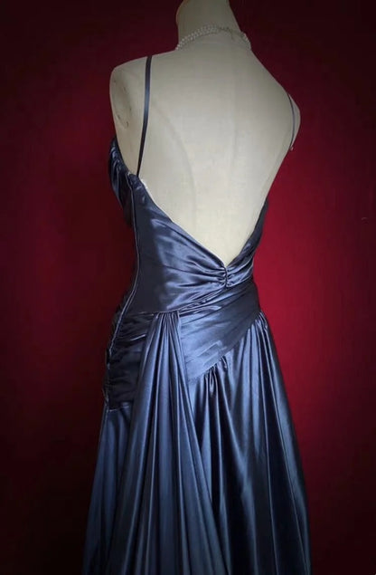 Vintage Prom Dresses A-Linie Spaghetti-Träger Navy Blue Satin 1990er Formelles Abendkleid N2661