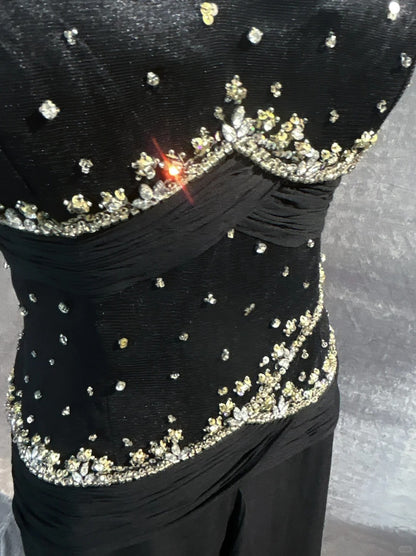 Bescheidene Ballkleider Meerjungfrau Spaghetti-Träger Schwarz Krawatte Chiffon mit Perlen Abendkleid N3857