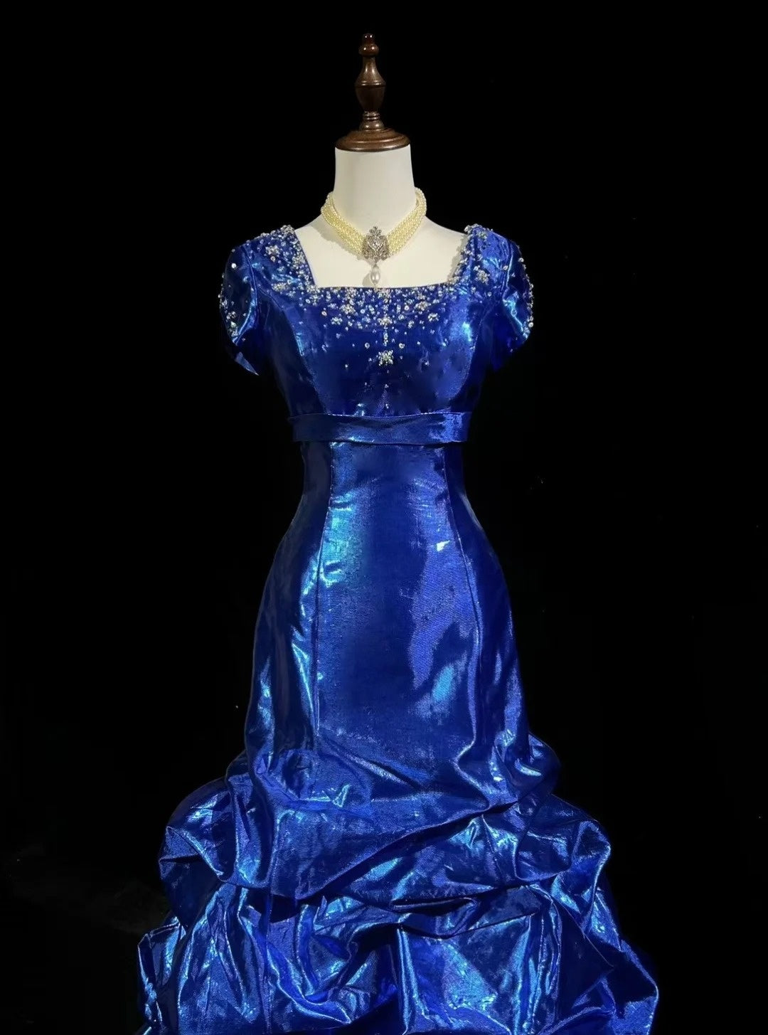 Robes de Bal Vintage Années 60 Sirène Col Carré Organza Bleu Roi Avec Longue Robe de Bal Perlé N3116