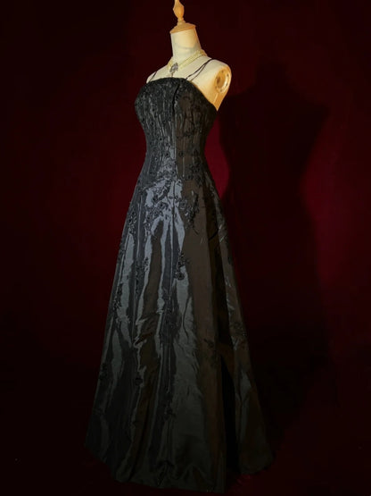 Modest Prom Dresses Inspo A line Spaghetti Strap Black Satin With Appliqued For Women Formal Dress N3214