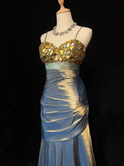 Neue Ballkleider Meerjungfrau Spaghettiträger Bodenlang Taft Festliches Abendkleid N3697