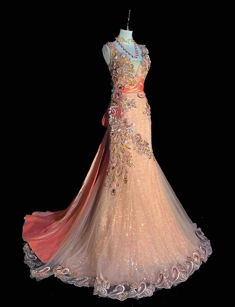 Vintage-Meerjungfrauen-Abschlussballkleider, Spaghettiträger, hellrosa, Pailletten und Spitze mit Blumen, lange Abendoutfits N3441