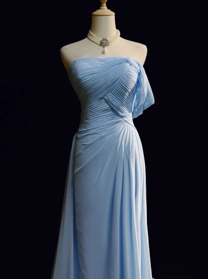 Vintage Meerjungfrau-Abschlussballkleider Schulterfrei Hellblau 70er Jahre mit Rüschen Chiffon Langes festliches Partykleid N2517