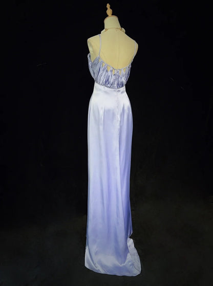 Bescheidene Ballkleider Meerjungfrau Spaghettiträger Lila Satin Langes formelles Abendkleid N3860