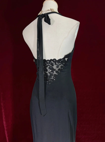 Vintage Abschlussballkleider Meerjungfrau Neckholder Schwarz Chiffon Teelänge Ärmellos 1980er Jahre Ballkleid N2869