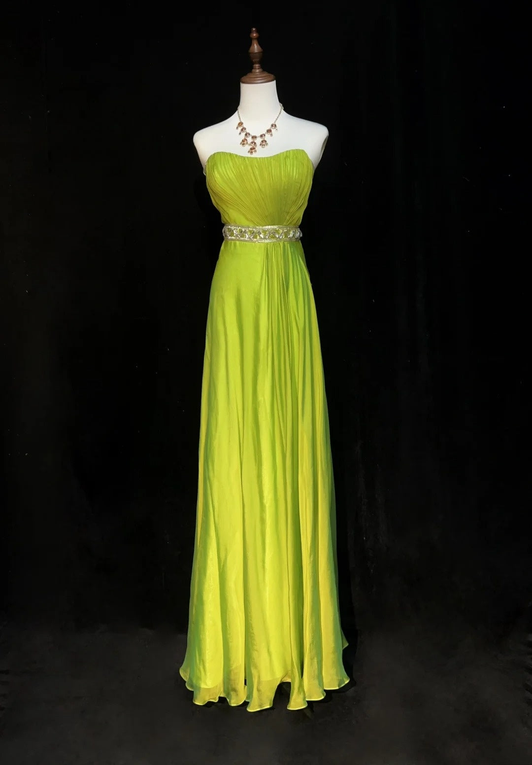 Robes de bal vintage des années 90, en mousseline de soie verte, sans bretelles, coupe trapèze, avec cape plissée, tenues de soirée formelles N3852