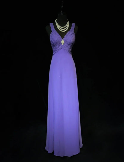 Robes de bal vintage, ligne A, encolure en V, mousseline violette, tenues de soirée longues années 80 N3887
