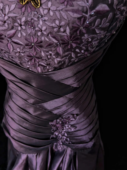 Robes de bal vintage pour le bal, bustier, taffetas violet années 80 avec dentelle, longues tenues de soirée formelles N3892