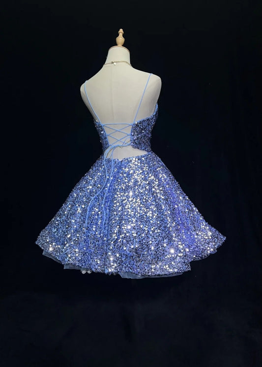 Elegantes Ballkleid Spaghettiträger Blau Pailletten Kurz Mini Homecoming Kleider N2440