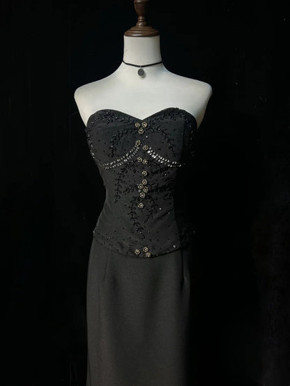 Vintage Ballkleider Meerjungfrau Sweetheart Black Tie Gown 80er Satin Abend-Abendkleid RB3263