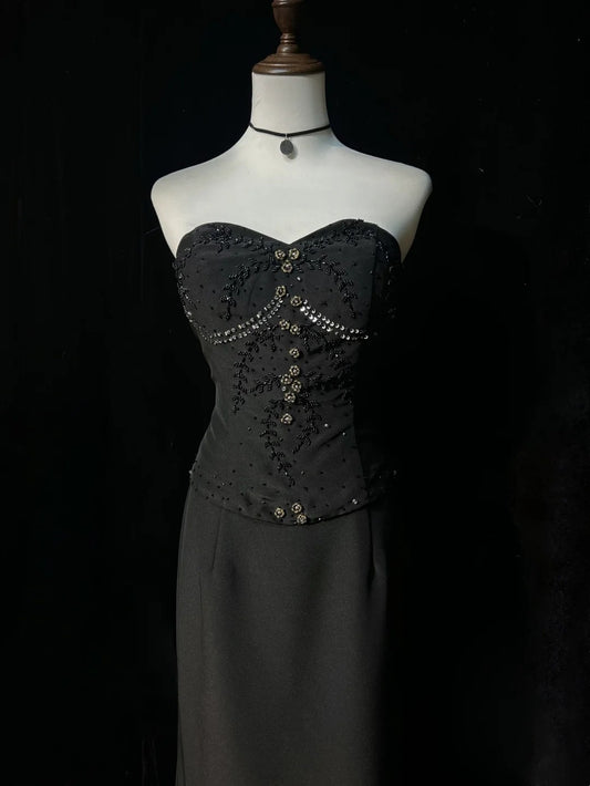 Vintage Ballkleider Meerjungfrau Sweetheart Black Tie Gown 80er Satin Abend-Abendkleid RB3263