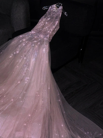 Robe de soirée longue en tulle rose, coupe trapèze, idéale pour un bal de promo ou un anniversaire de 18 ans (N731)