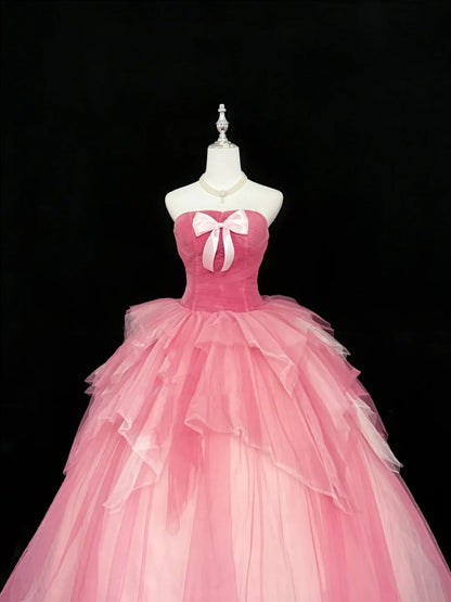 Cute Sweet 16 Dresses Long Ball Gown Strapless Pink Tulle Formal Sweet Sixteen Birthday Gown RC0252