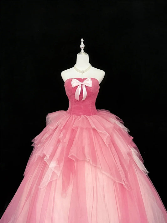 Cute Sweet 16 Dresses Long Ball Gown Strapless Pink Tulle Formal Sweet Sixteen Birthday Gown RC0252