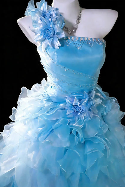 Robe de bal féerique asymétrique bleu glacier, couches superposées en organza, robes de bal Quinceañera N2965