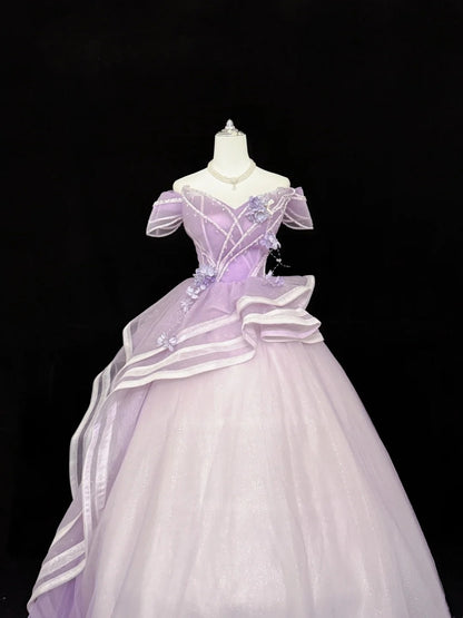Lilac Prom Dress Long Floor Length Ball Gown Off Shoulder Tulle With Sleeves Formal Evening Gown For Women RC0279