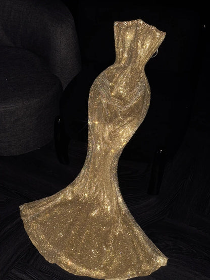Robe de soirée longue sirène sans bretelles à paillettes dorées, ornée de sequins, idéale pour un 18e anniversaire ou un bal de promo (N732)