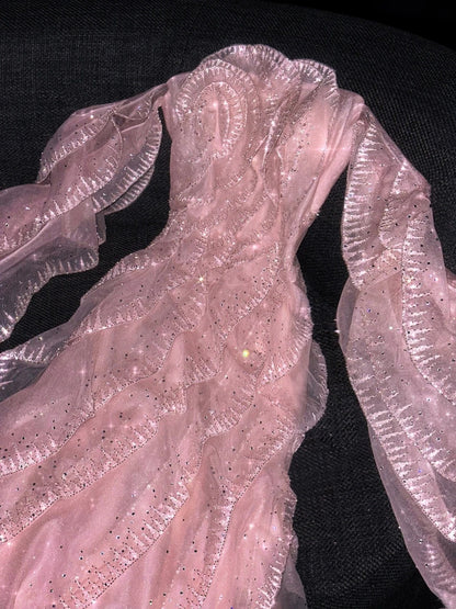 Robe de soirée longue rose à paillettes, coupe trapèze, épaules dénudées, ornée de sequins, idéale pour un bal de promo ou un anniversaire de 18 ans (N733)