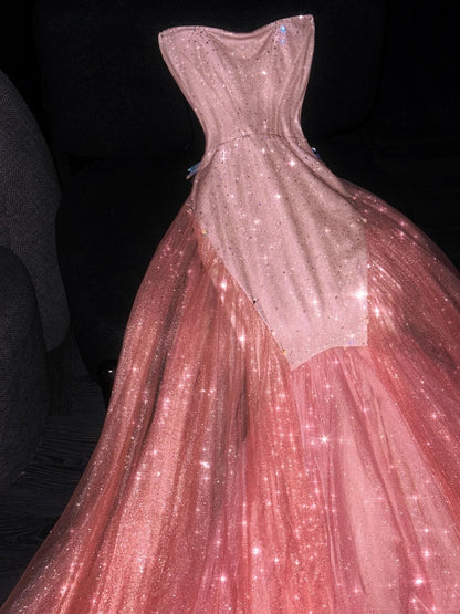 Robe de soirée longue sirène à paillettes rose corail sans bretelles, sans sequins, idéale pour un 18e anniversaire ou un bal de promo (N734)