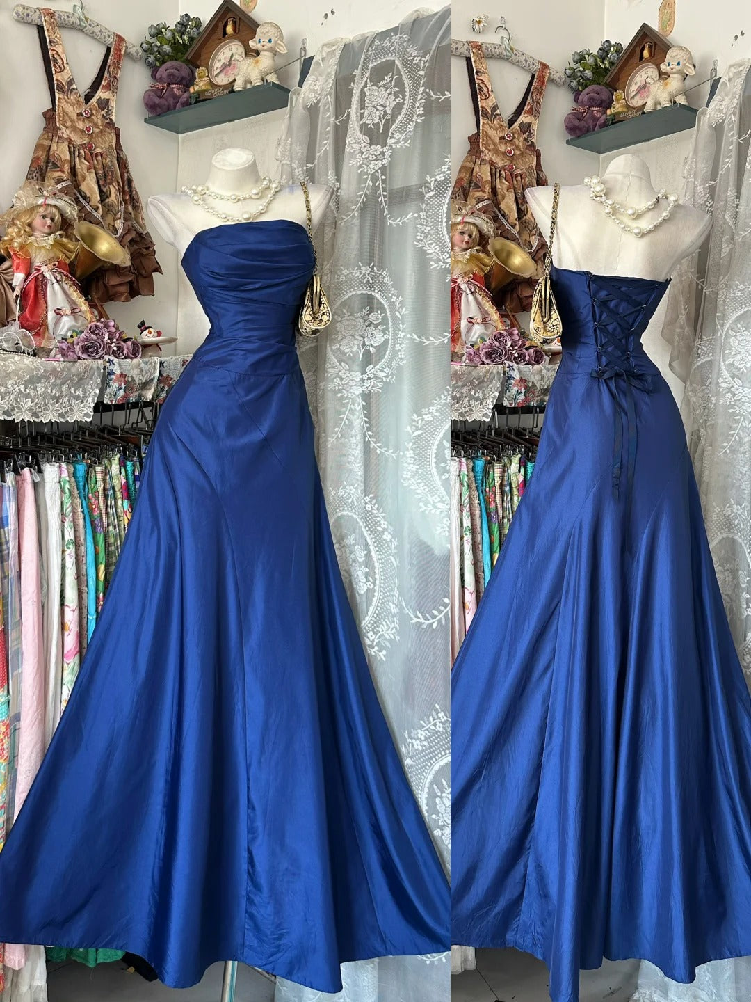 Vintage Prom Dresses Mermaid Strapless Satin Royal Blue 1950s Retro Classy Party Formal Outfits RB8986
