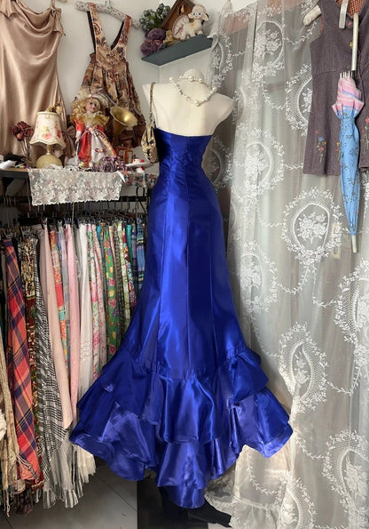 Robe de bal longue sans manches, bleu roi, en satin, style sirène, années 2000, pour femmes et jeunes filles (N660)