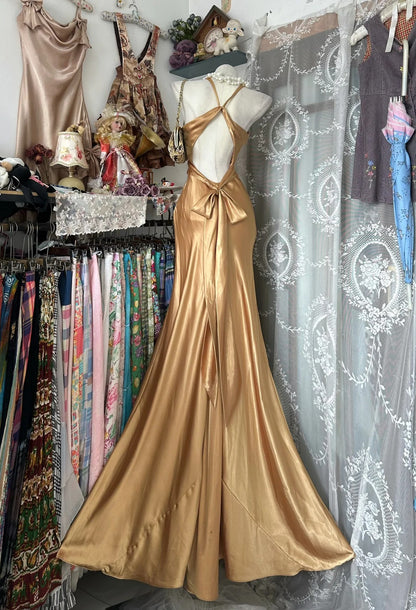 Robes de bal élégantes sirène dos nu satin doré longues robes de soirée formelles N3766