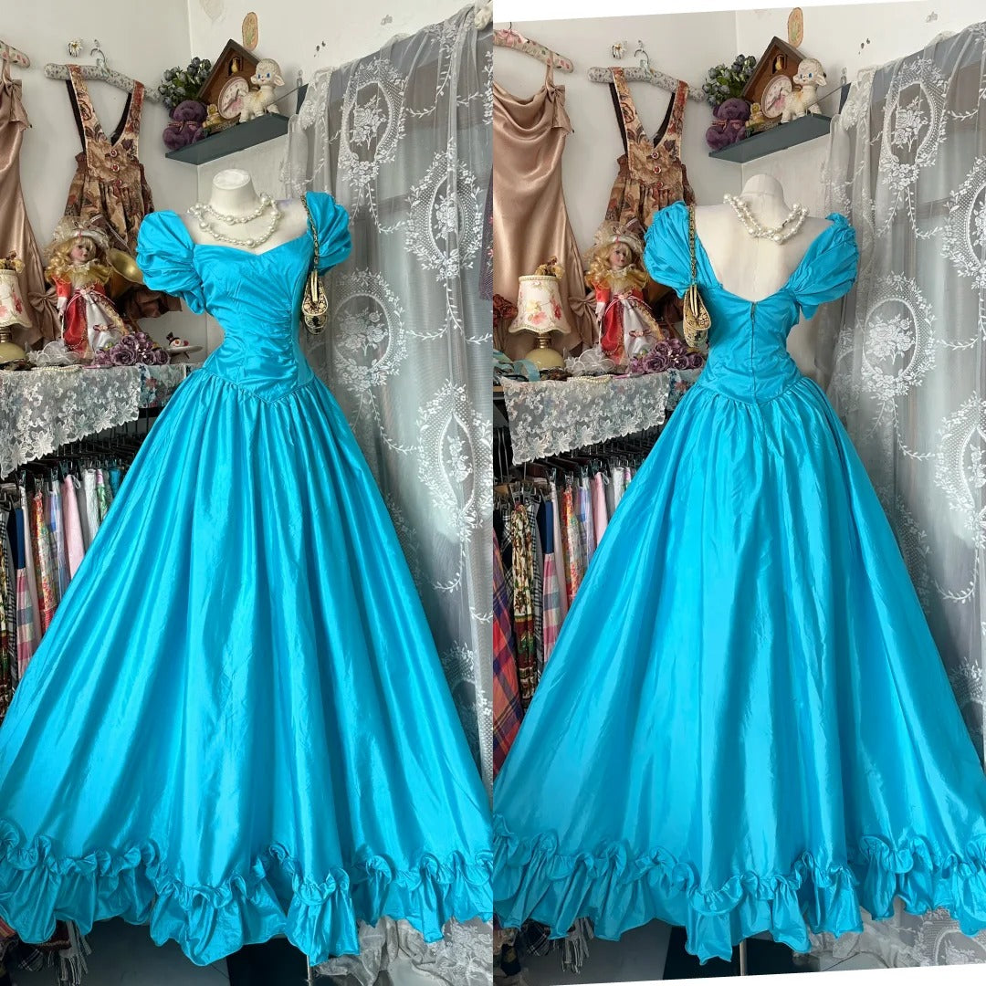 Vintage 80s Prom Dresses A line Tiffany Blue With Sleeves Satin Long 1950s Retro Classy Party Formal Outfits RB8995