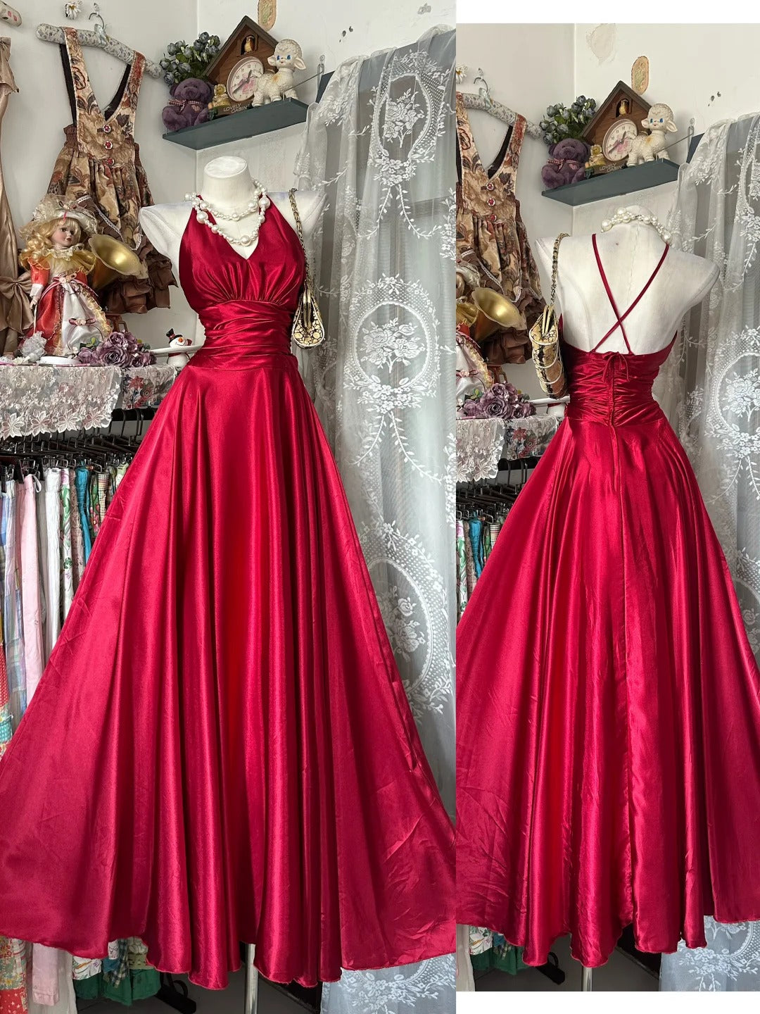 Vintage 80s Prom Dresses A line Halter Red Satin Long 1950s Retro Classy Party Formal Outfits RB8993