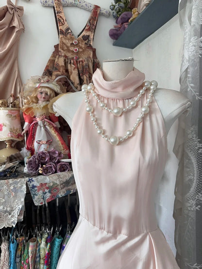 Robe de bal élégante en mousseline rose, coupe trapèze, col montant, sans manches, pour lycéennes (N1286)