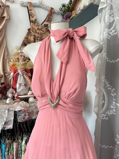 Elegantes, ärmelloses, langes, formelles A-Linien-Abendkleid aus rosa Chiffon mit Neckholder, Modell N1285