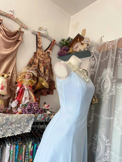Robes de bal vintage des années 80, coupe trapèze, à fines bretelles, en mousseline bleu ciel, tenues de soirée semi-formelles N3645