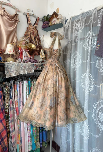 Vintage 90s Prom Dresses A line Halter Floral Tea Length y2k Party Formal Outfits RB9000