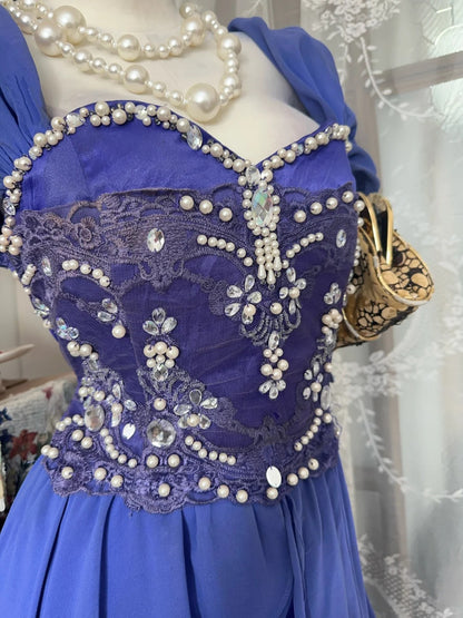 Vintage Sheath High Low Sweetheart Blue Chiffon Date Night Evening Outfit Formal Prom Dresses RB5292